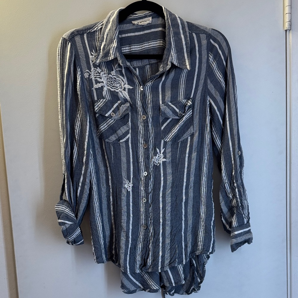 Striped Button-Up Shirt with Embroidery